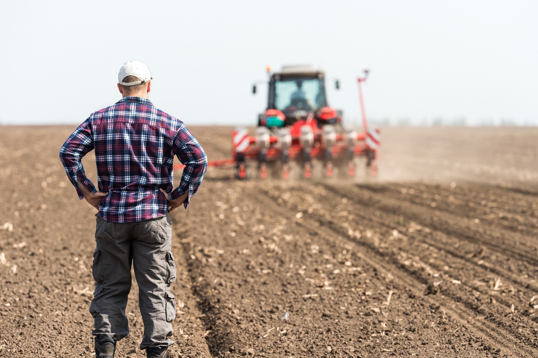 Farmer standing in a ploughed field watching a red tractor and seeder, illustrating farmers insurance for crops and equipment in South Africa.