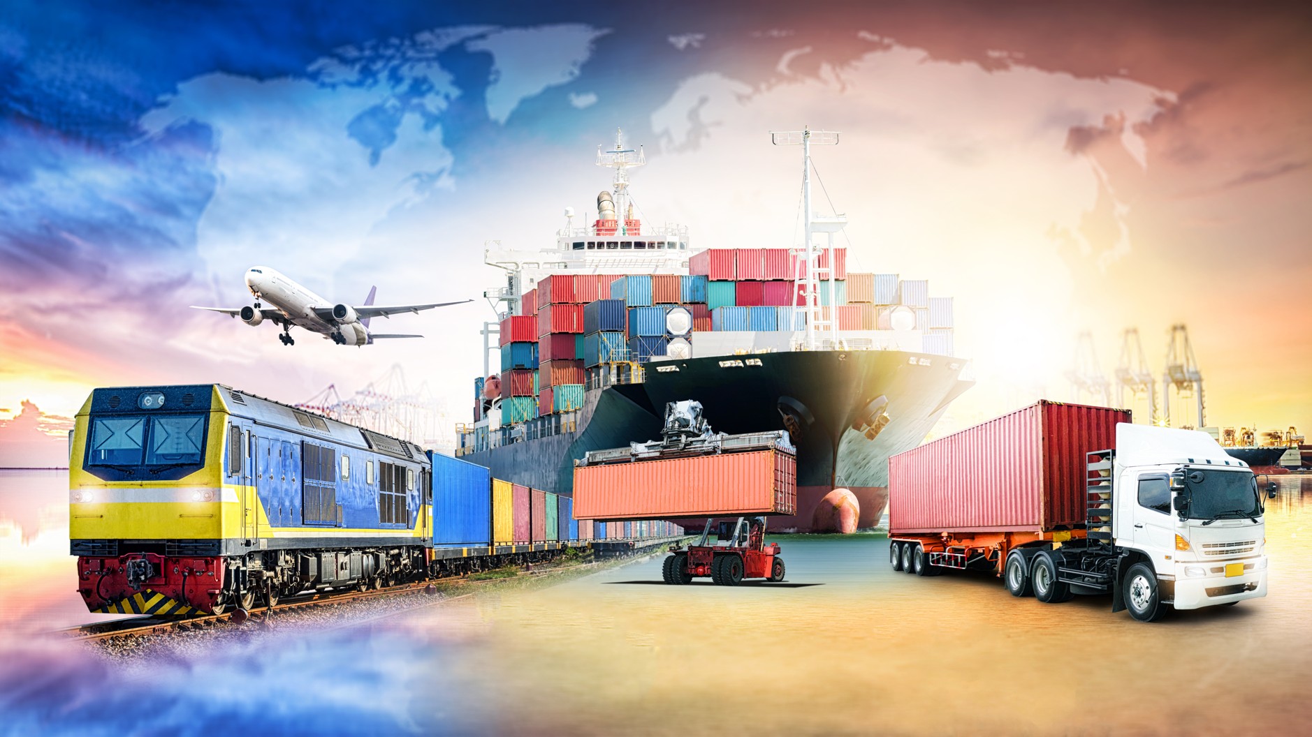 Freight train, cargo plane, container ship and delivery truck at a port, illustrating transport and logistics business ideas in South Africa.