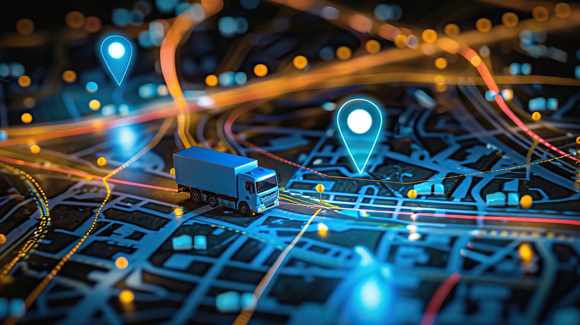 3D map with a delivery truck and GPS location pins lit up at night, representing vehicle tracking for small businesses in South Africa